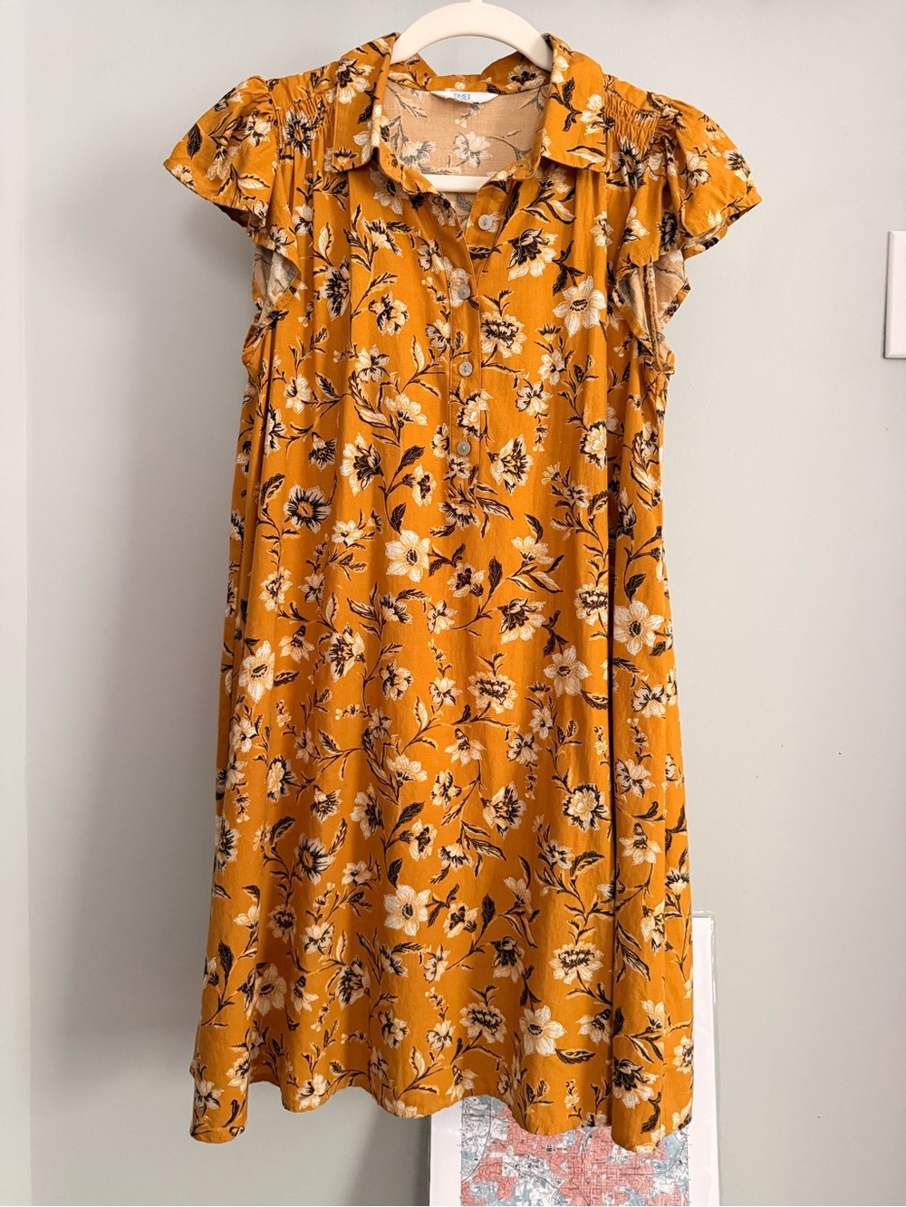 Time and Tru Mustard Yellow Floral Button-Front Dress